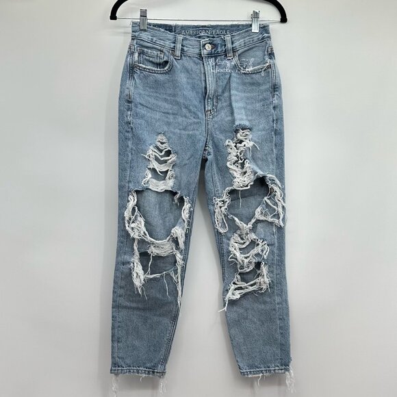 American Eagle Ripped Distressed Shark Bitten Ankle Mom Jeans Size 24 Short - Picture 1 of 7